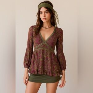 Zara Y2K Purple Paisley Fairy Fit Flare Babydoll Mesh Blouse Top M Velvet Trim